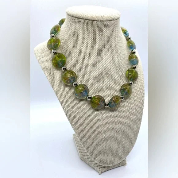 Green Gold Silver Beaded Chunky Necklace Vintage Boho-chic Retro Party Classic - Picture 10 of 11